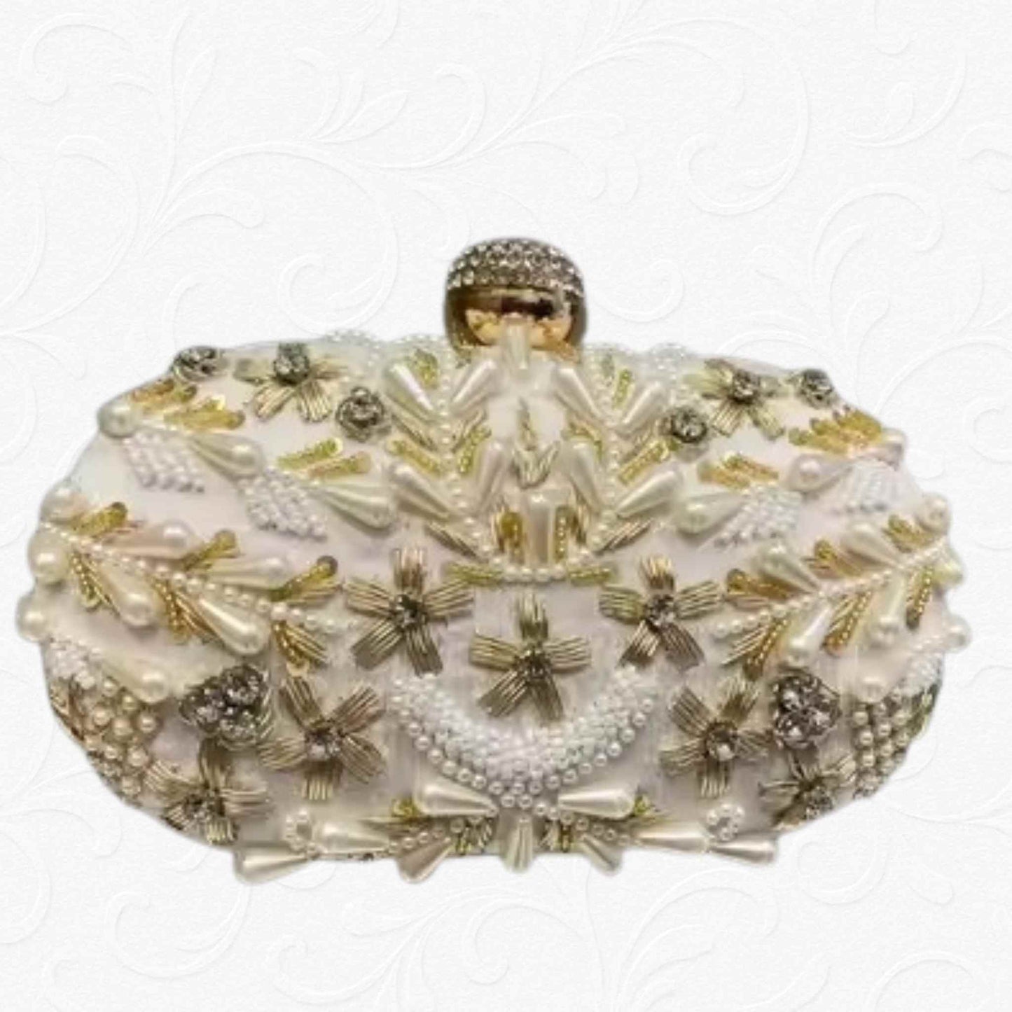 Premium White Velvet Embroidered Clutch with Pearls & Crystal