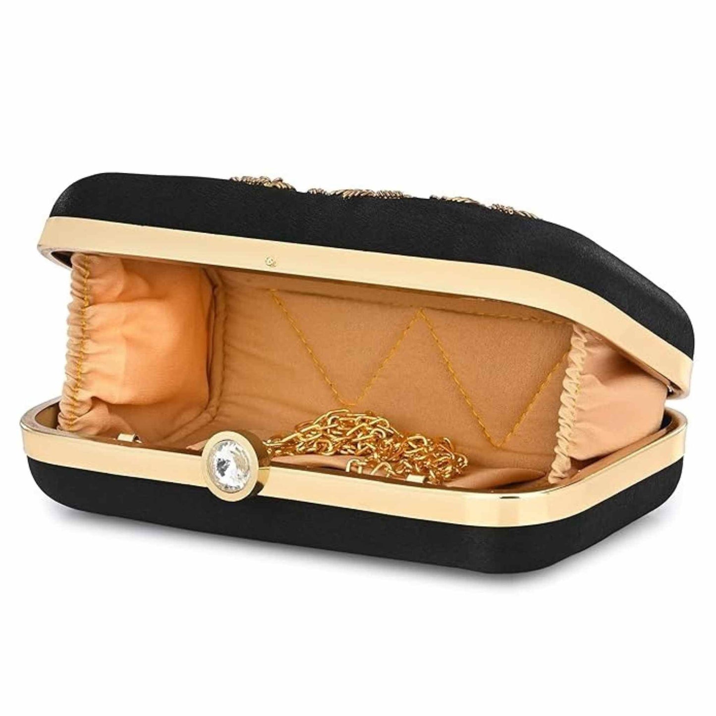 Elegant Black & Gold Embroidered Party Clutch with Chain