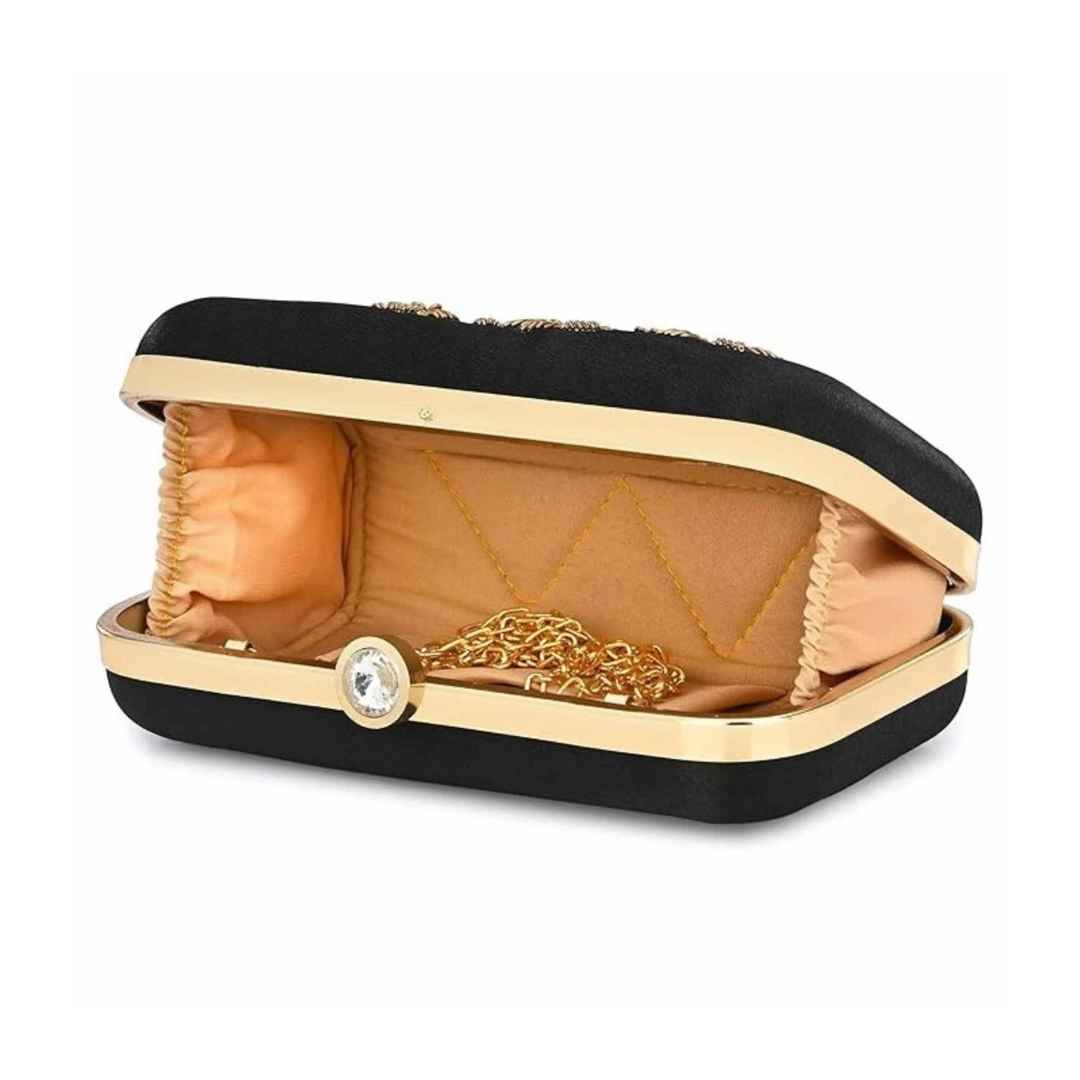 Elegant Black & Gold Embroidered Party Clutch with Chain