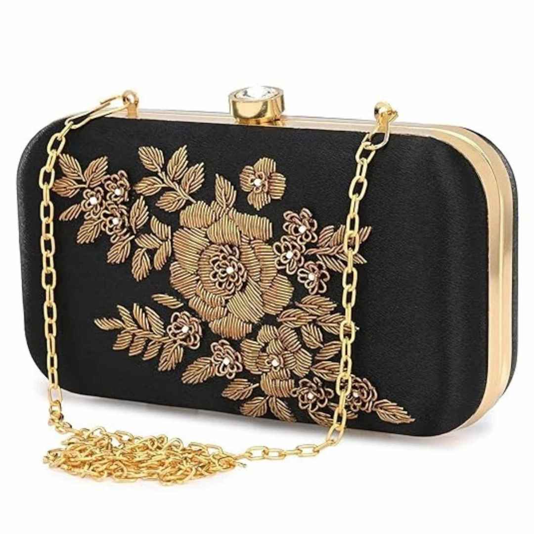 Elegant Black & Gold Embroidered Party Clutch with Chain