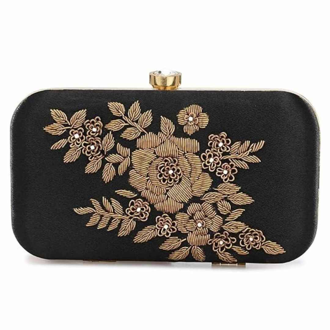 Elegant Black & Gold Embroidered Party Clutch with Chain