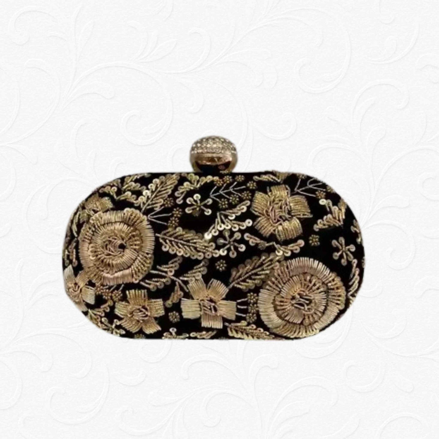 Black and golden diamond beaded round clutch, premium handcrafted – Anam Clutches