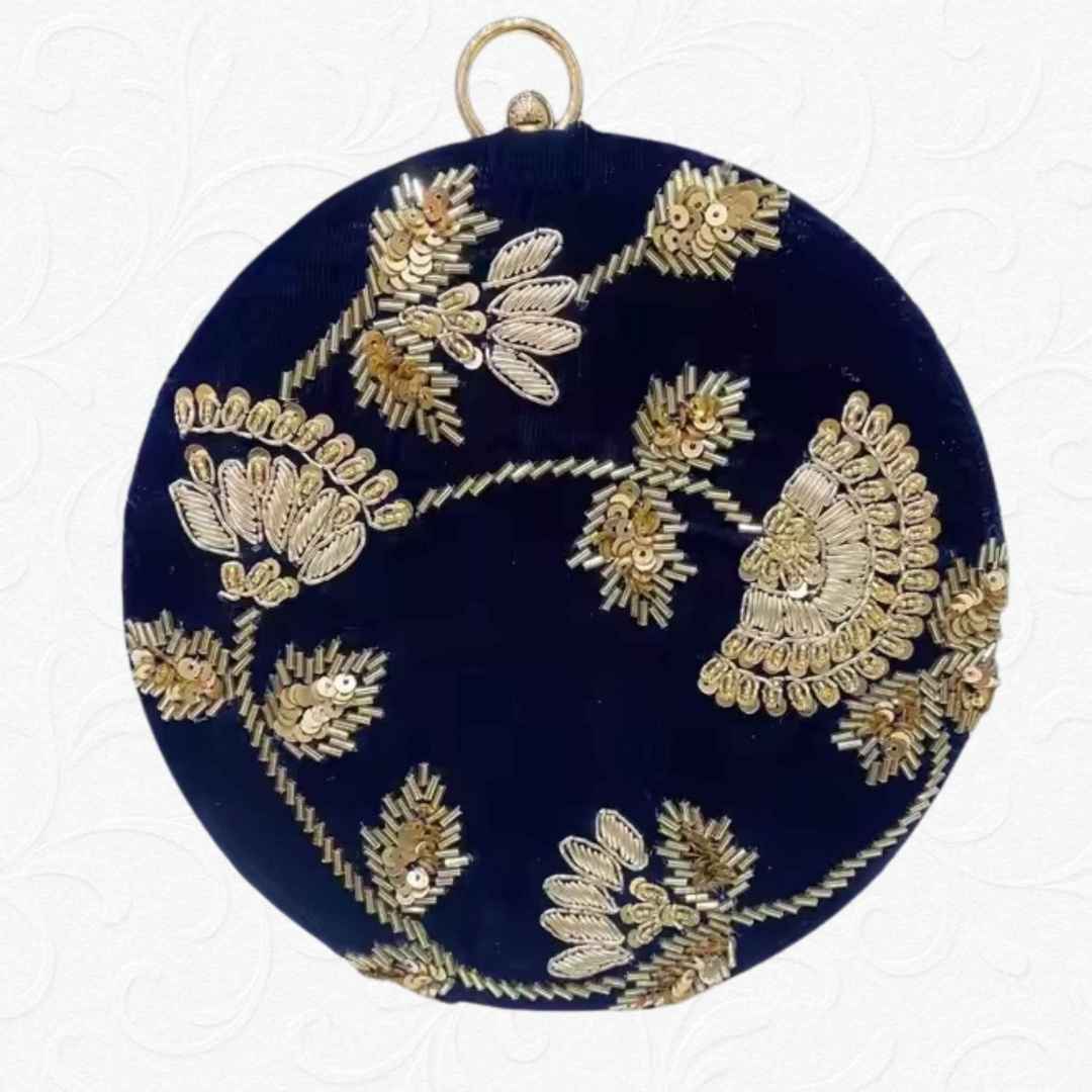 Red Velvet Round Clutch with Golden Hand Embroidery