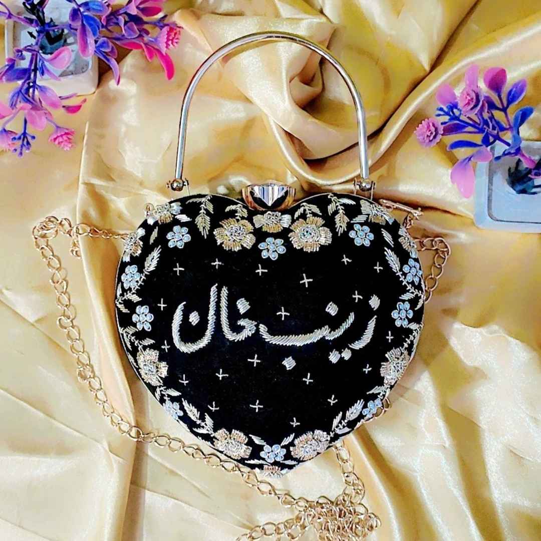 Custom Name Embroidered Heart-Shaped Black Clutch