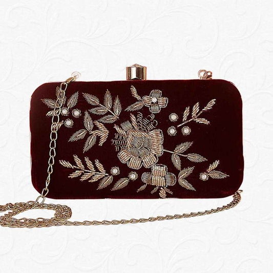 Elegant Maroon Velvet Clutch with Golden Floral Embroidery