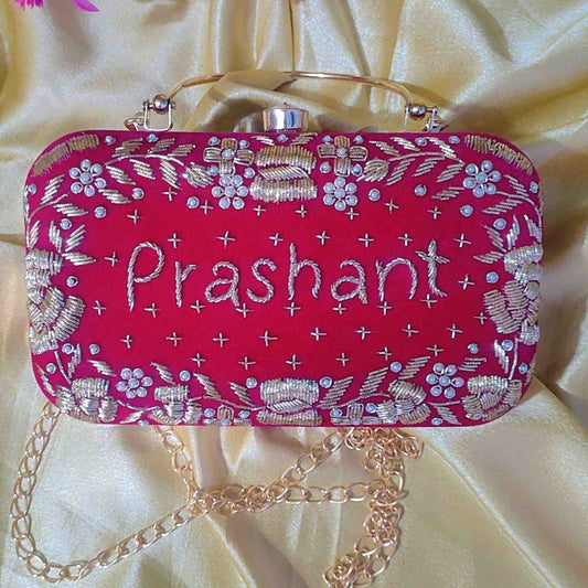 Customized Pink Embroidery Clutch with "Prashant" | Gold Accents