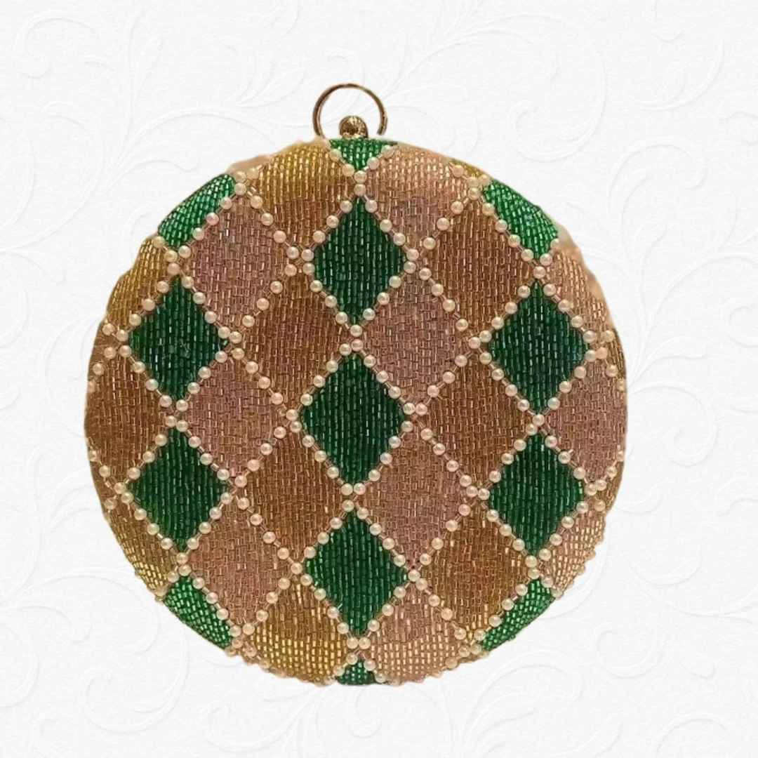 Premium Green & Golden Beaded Designer Round Clutch