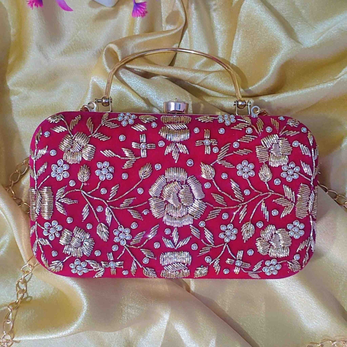 Customized Pink Embroidery Clutch with "Prashant" | Gold Accents