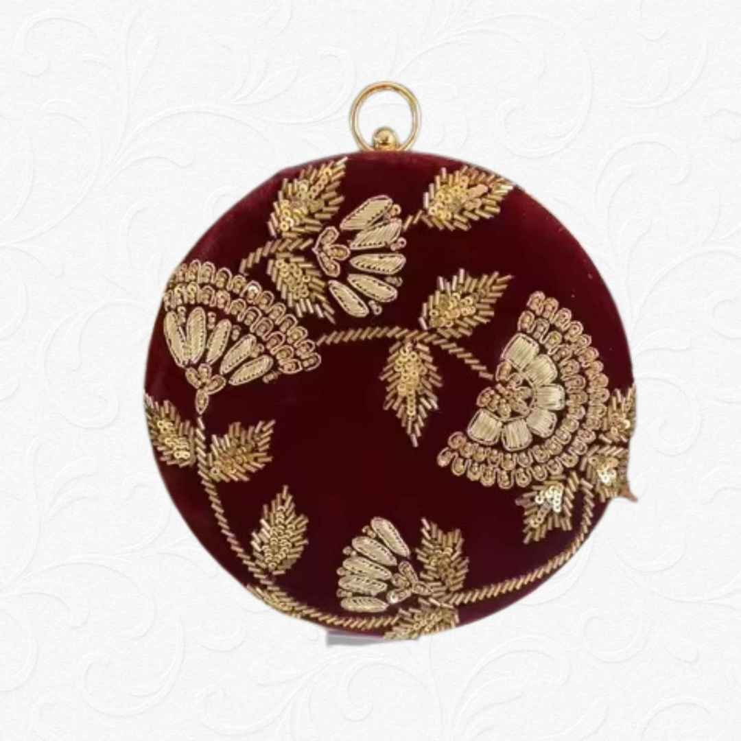 Red Velvet Round Clutch with Golden Hand Embroidery