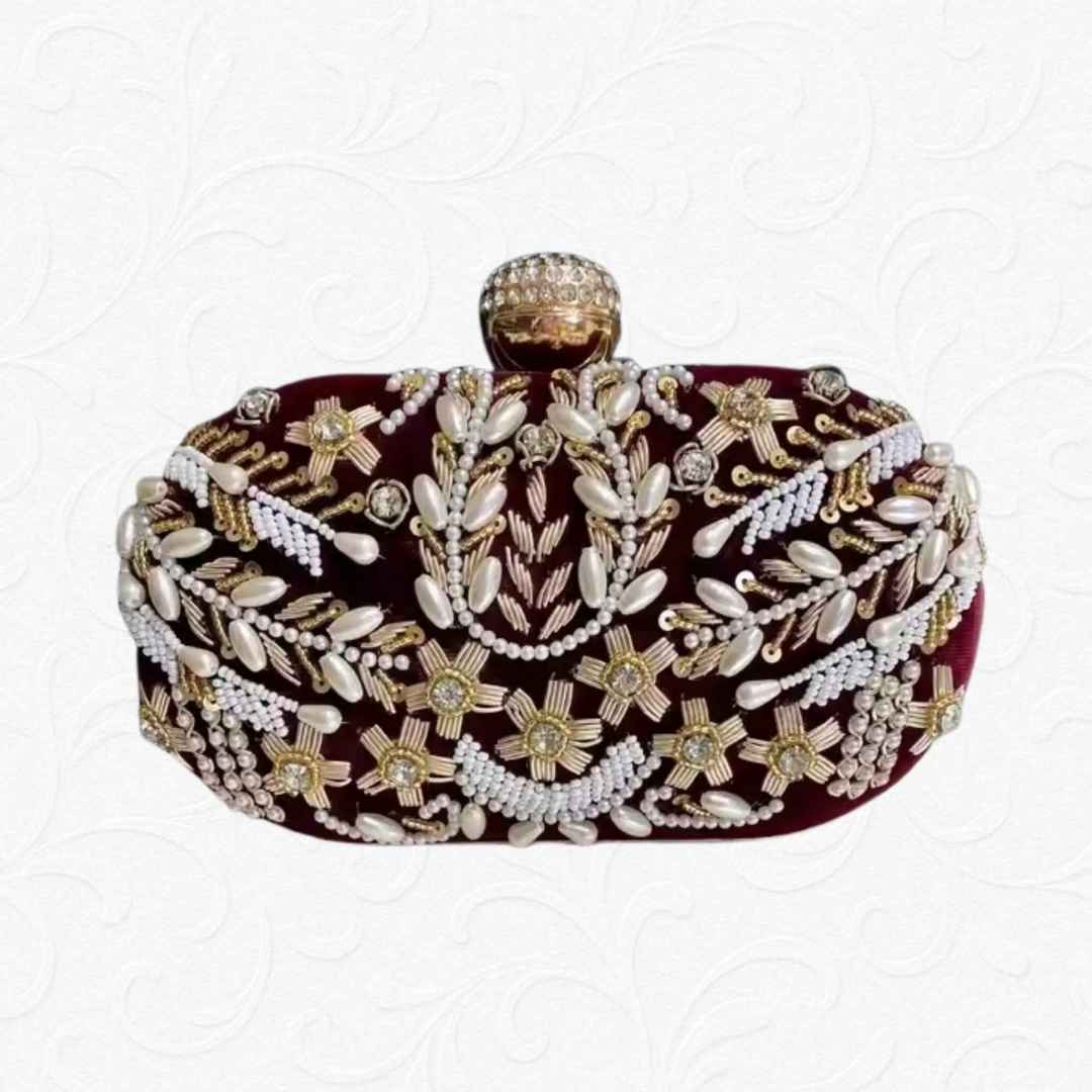Premium White Velvet Embroidered Clutch with Pearls & Crystal