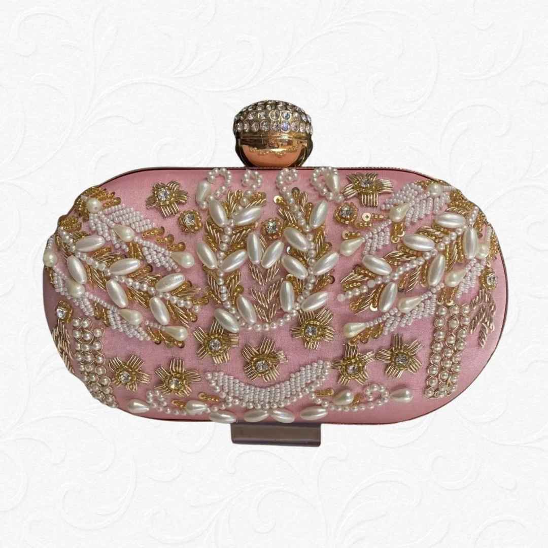 Premium White Velvet Embroidered Clutch with Pearls & Crystal