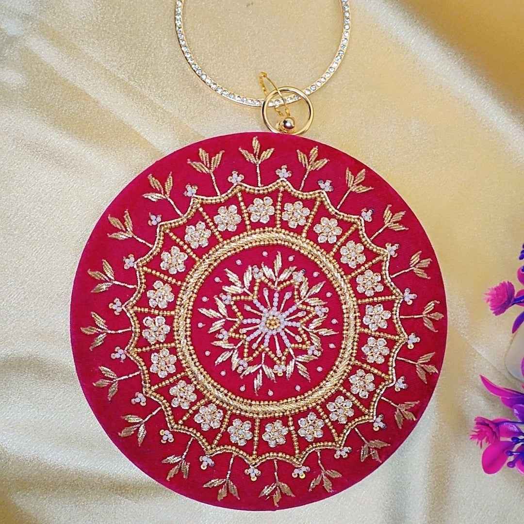 Red Velvet Round Clutch with Golden Hand Embroidery