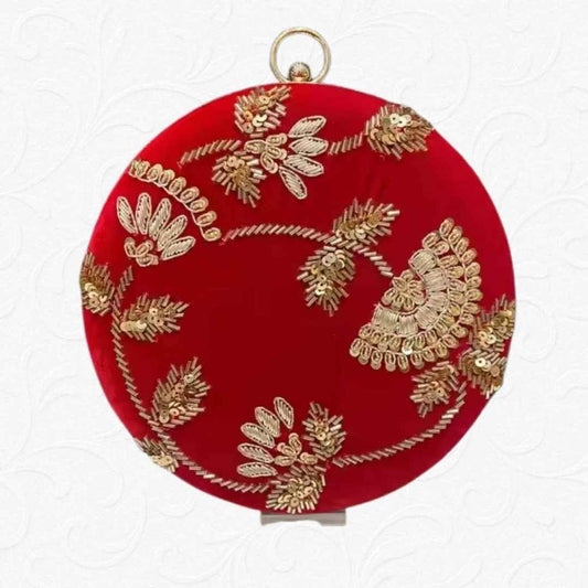 Red Velvet Round Clutch with Golden Hand Embroidery