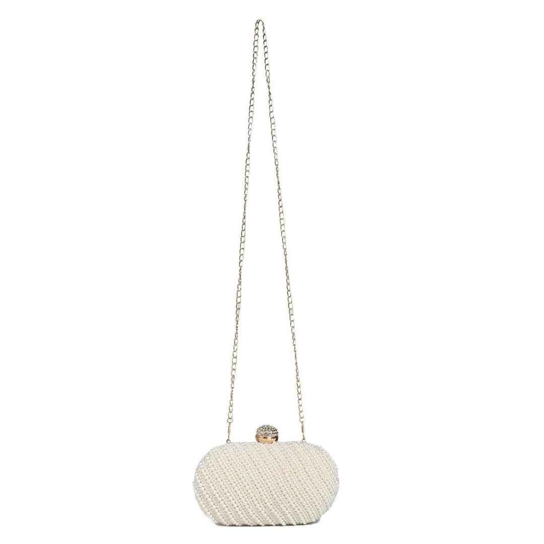 White Pearl Embellished Clutch Bag – Elegant Party & Wedding Purse