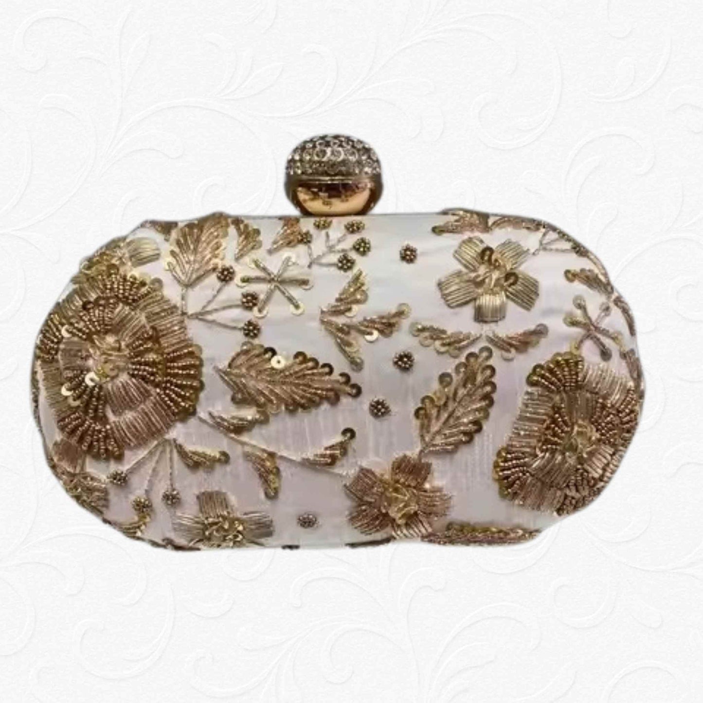 White and gold floral beaded round clutch, elegant wedding bag – Anam Clutches