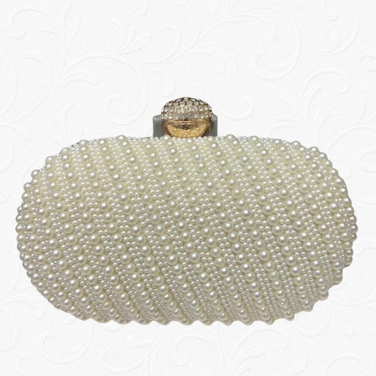 White pearl clutch with golden clasp for bridal and party wear