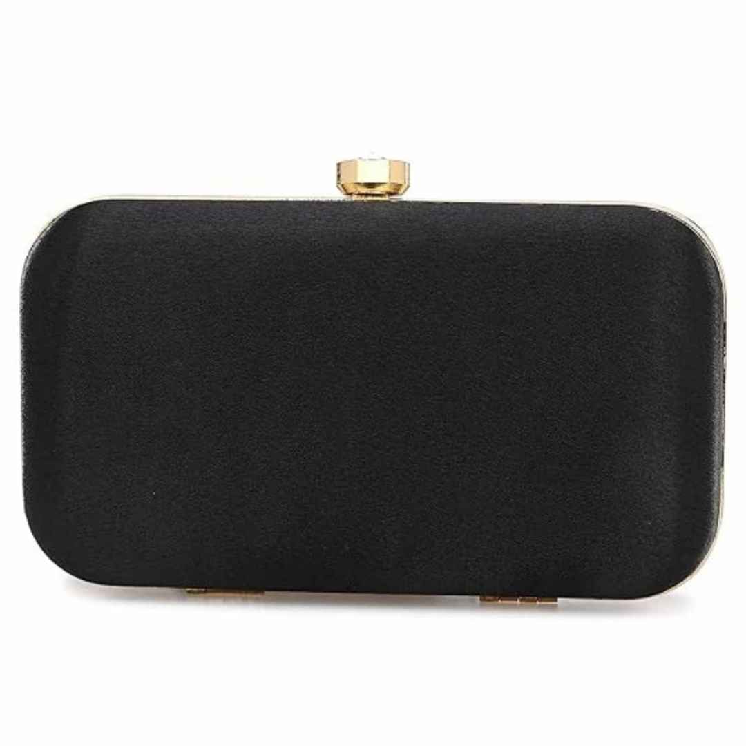 Elegant Black & Gold Embroidered Party Clutch with Chain