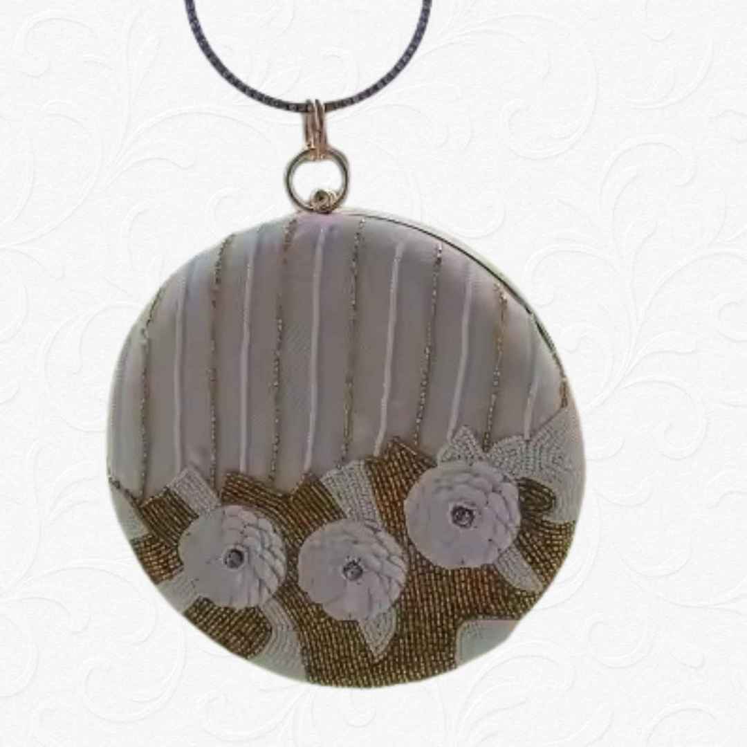 Elegant White & Golden Floral Beaded Round Clutch