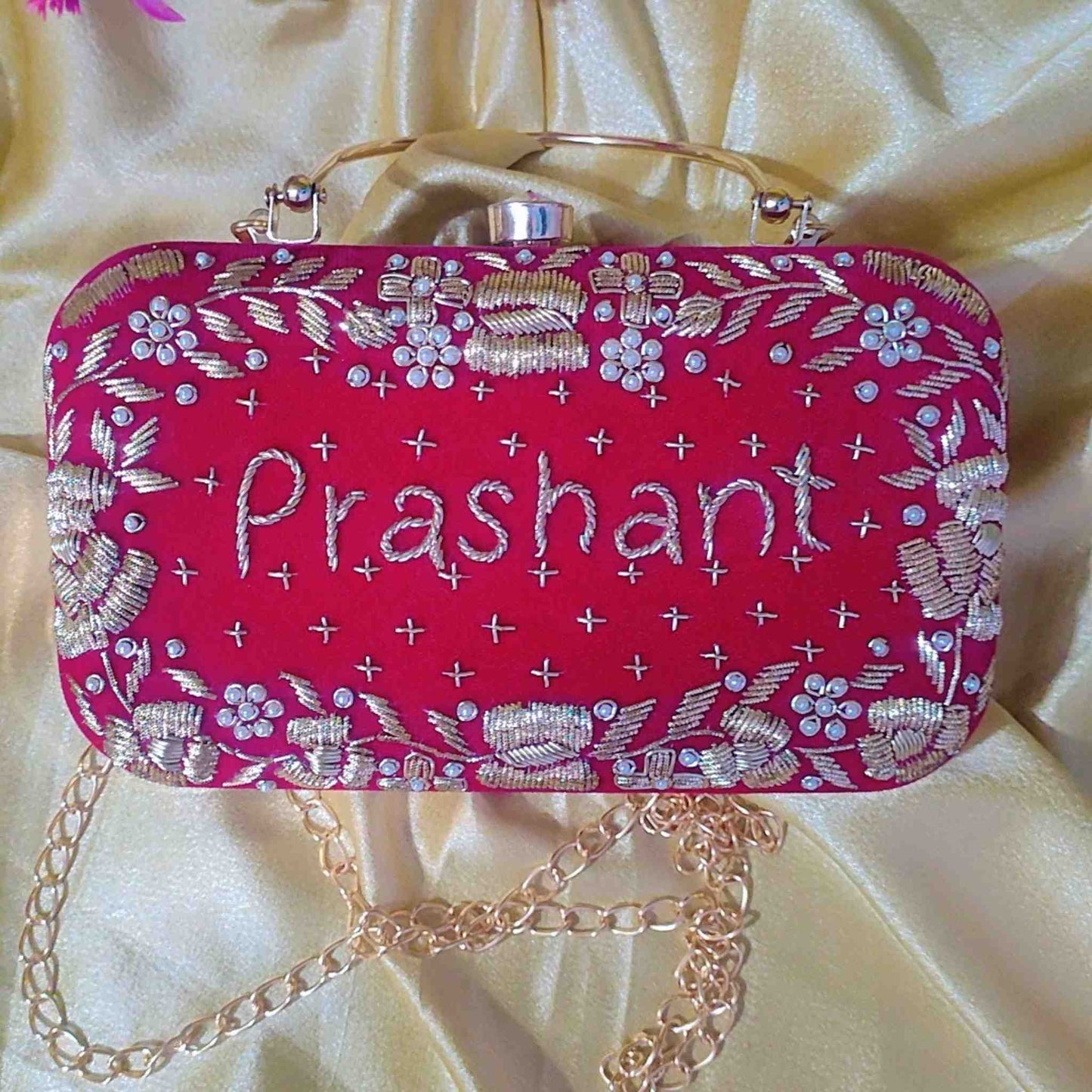 Customized Pink Embroidery Clutch with "Prashant" | Gold Accents