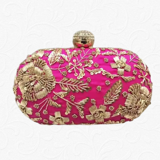 Hot pink embroidered party clutch with intricate golden handwork – Anam Clutches