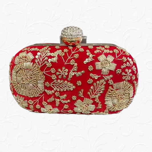 Maroon velvet clutch with golden floral embroidery, detachable chain – Anam Clutches