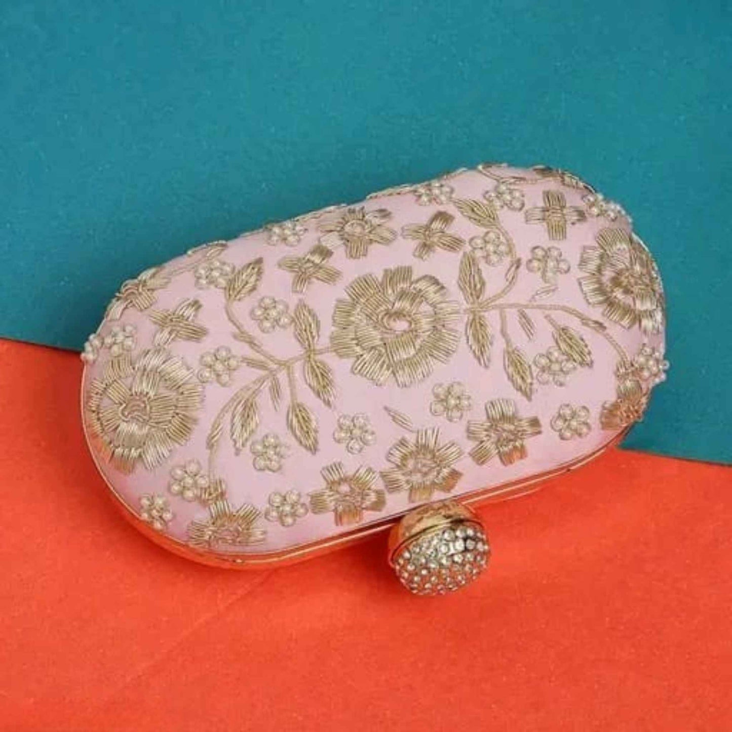 Pink Floral Embroidered Clutch