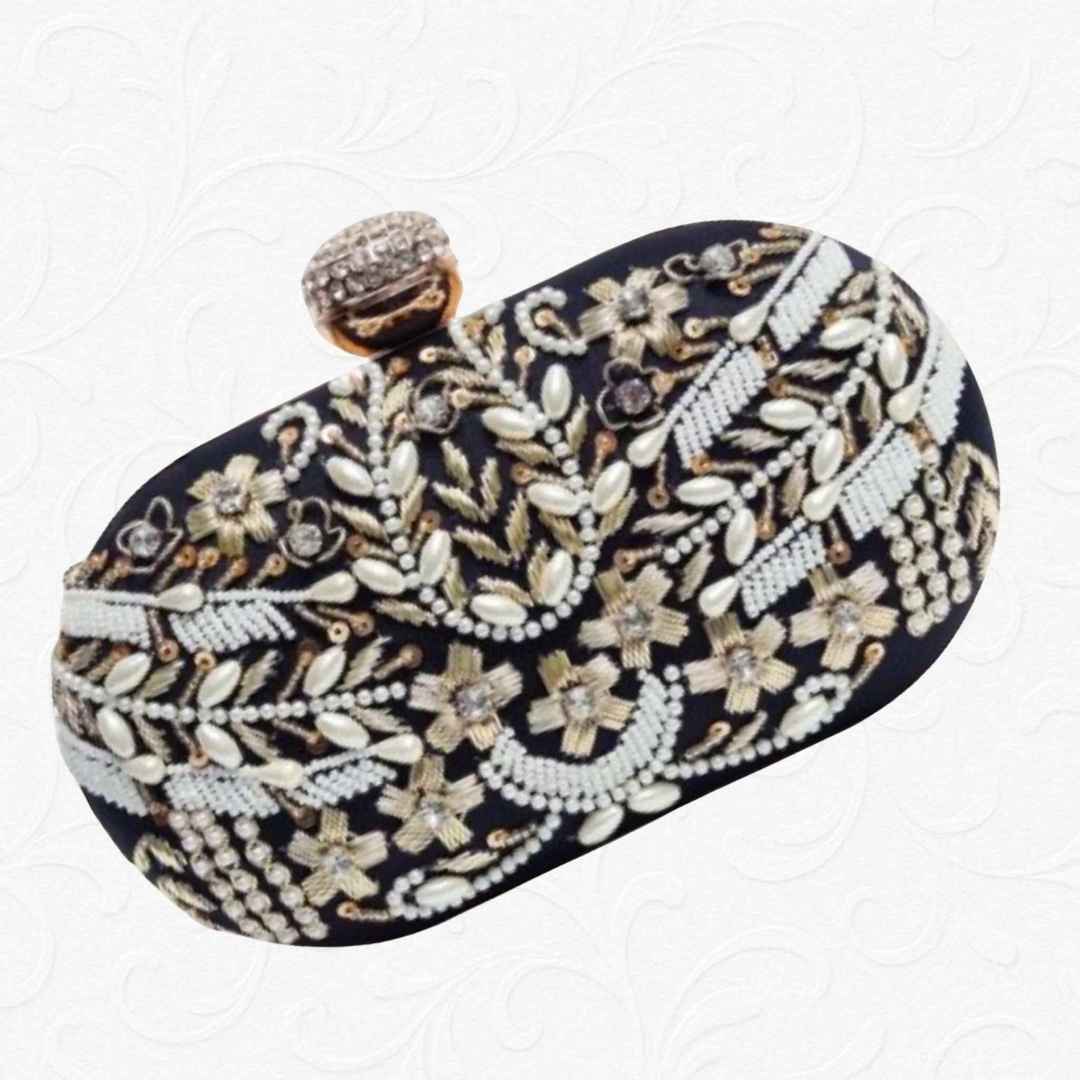 Premium White Velvet Embroidered Clutch with Pearls & Crystal