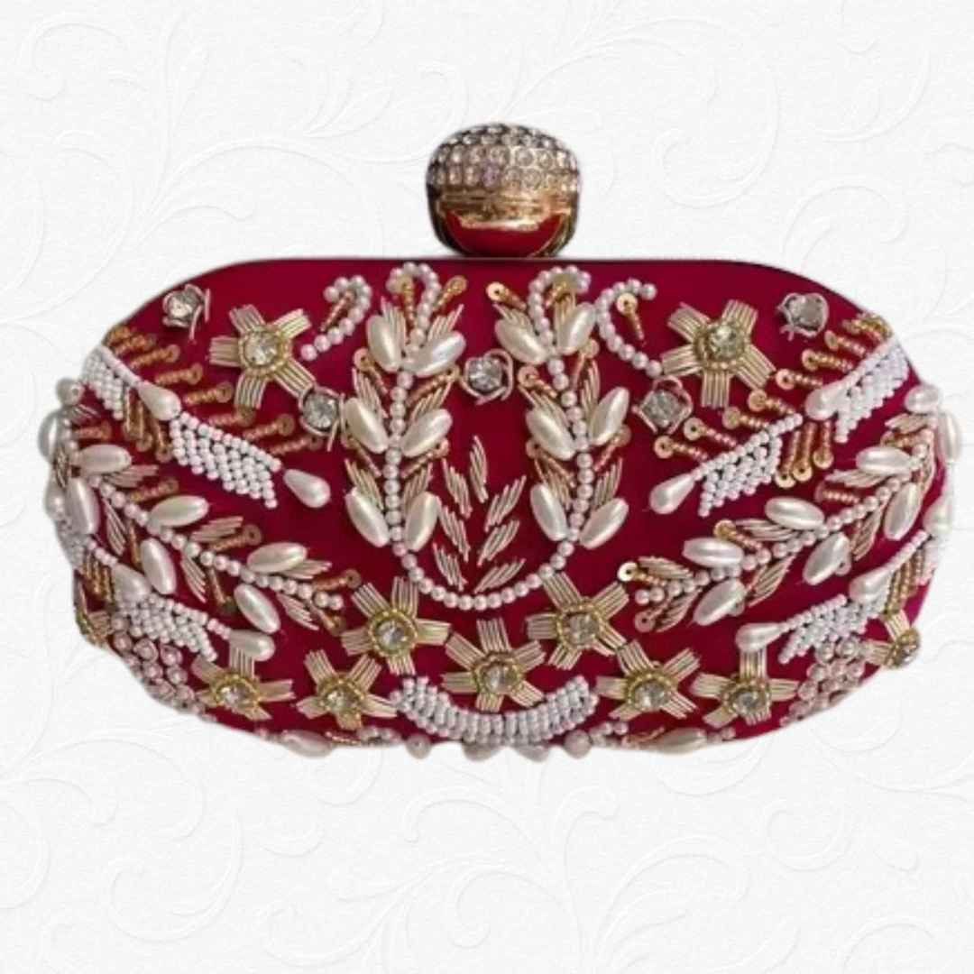 Premium White Velvet Embroidered Clutch with Pearls & Crystal