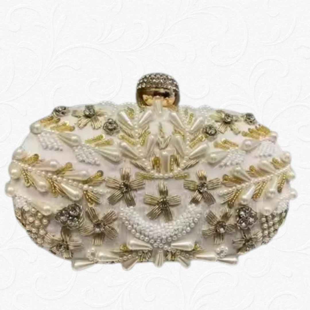 Premium White Velvet Embroidered Clutch with Pearls & Crystal