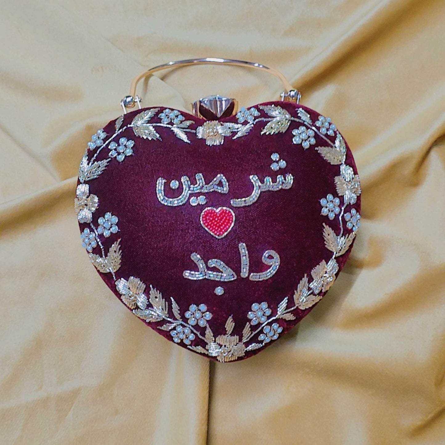 Personalized Heart Shape Velvet Clutch for Women – Custom Urdu Name Embroidery