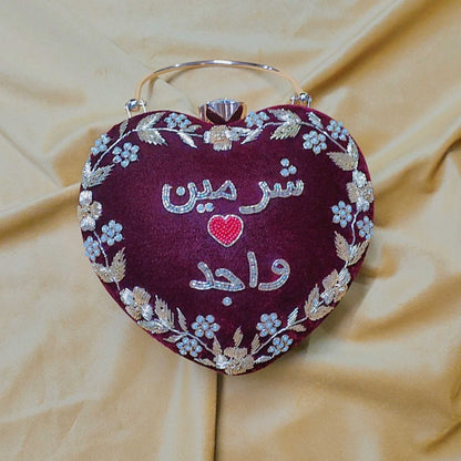 Personalized Heart Shape Velvet Clutch for Women – Custom Urdu Name Embroidery