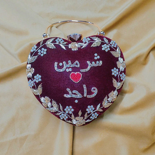 Personalized Heart Shape Velvet Clutch for Women – Custom Urdu Name Embroidery