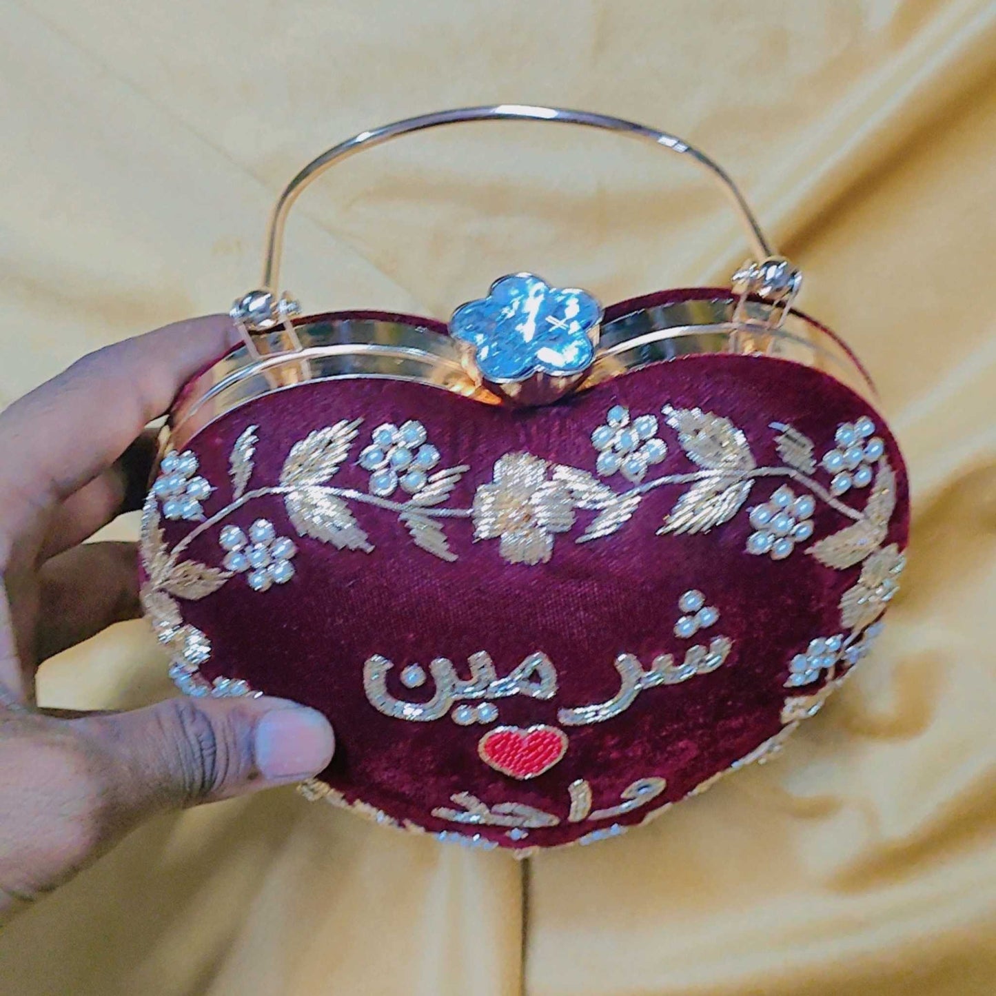 Personalized Heart Shape Velvet Clutch for Women – Custom Urdu Name Embroidery