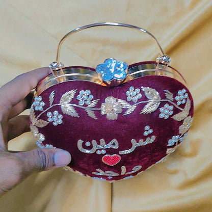 Personalized Heart Shape Velvet Clutch for Women – Custom Urdu Name Embroidery