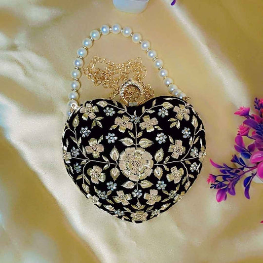 Heart Shaped Bridal Clutch & Pearl Chain